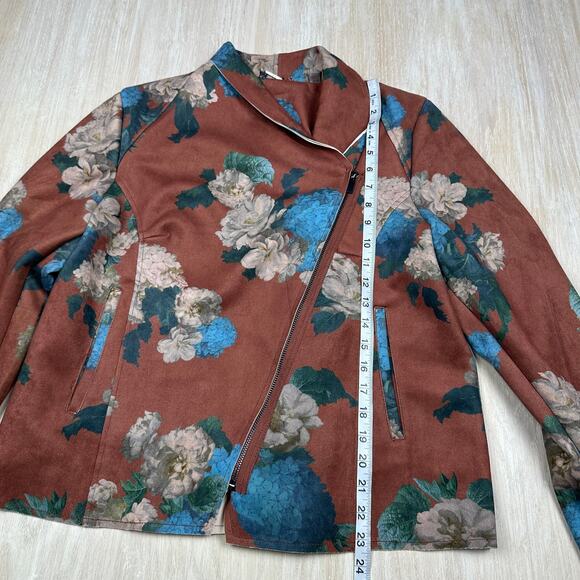 Elie Tahari Faux Leather Brown Hydrangea Floral Print Boho Chic Moto Jacket XL - Picture 13 of 16